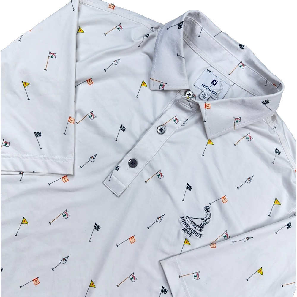 FootJoy Polo Shirt Men XL White Pinehurst Flags Geometric All Over Print STAIN* - Picture 1 of 12
